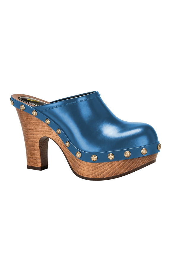 Women Platform Mules Closed Round Toe Studded Slip On Clogs Wooden Chunky Heel Slide Sandals Dressy Casual Shoes Size 11 Blue