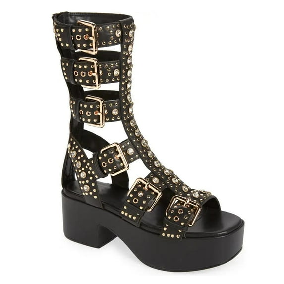 FSJ Women Platform Studded Mid Calf Gladiator Sandals Open Square Toe Buckle Block Heels Summer Dress Party Zipper Shoes Size 14 Black