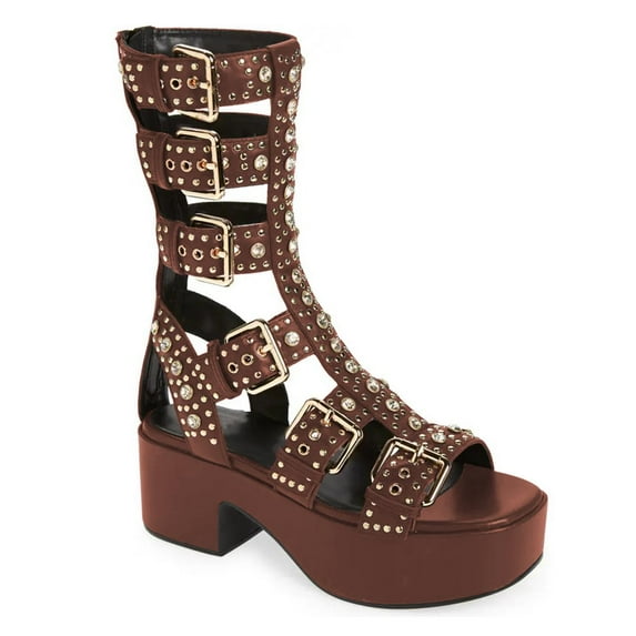 FSJ Women Platform Studded Mid Calf Gladiator Sandals Open Square Toe Buckle Block Heels Summer Dress Party Zipper Shoes Size 8 Brown
