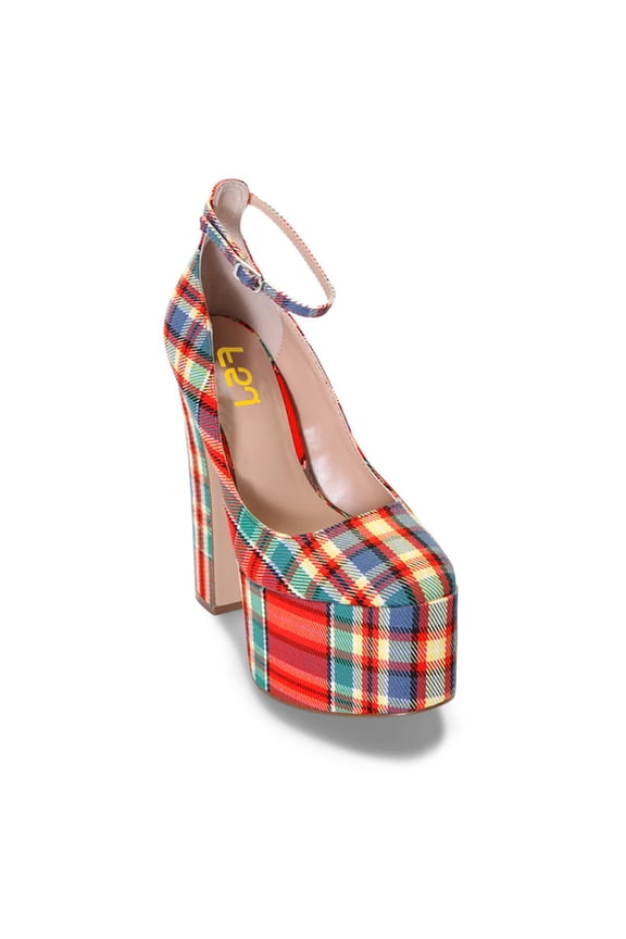 Women Platform Thin Ankle Strap Pumps Closed Toe Block High Heels Sexy Date Formal Dress Shoes Size 9.5 Plaid