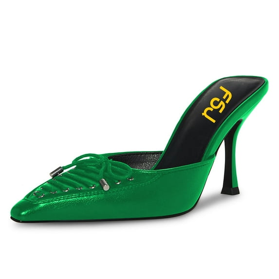FSJ Women Pointed Closed Toe Slip on Mules Strappy Bowknot Spool High Heels Dressy Daily Wear Backless Shoes Size 16 Green