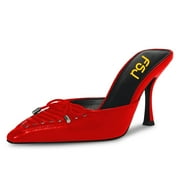 FSJ Women Pointed Closed Toe Slip on Mules Strappy Bowknot Spool High Heels Dressy Daily Wear Backless Shoes Size 8 Red