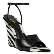 FSJ Women Pointed Open Toe Wedge Sandals with Ankle Strap Zebra Print Horse Hair Summer High Heels Size 8.5 Black and White Zebra