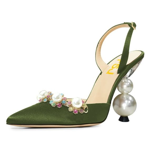 FSJ Women Pointed Toe Buckled Bckstrap Pumps Floral Ornaments Pearl High Heels Dance Party Bridal Shoes Size 11 Dark Green