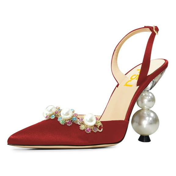 FSJ Women Pointed Toe Buckled Bckstrap Pumps Floral Ornaments Pearl High Heels Dance Party Bridal Shoes Size 4 Red