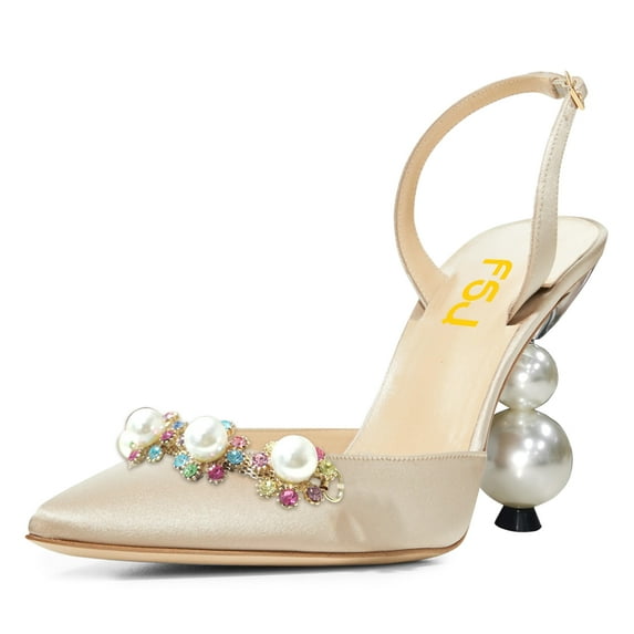 FSJ Women Pointed Toe Buckled Bckstrap Pumps Floral Ornaments Pearl High Heels Dance Party Bridal Shoes Size 7.5 Beige