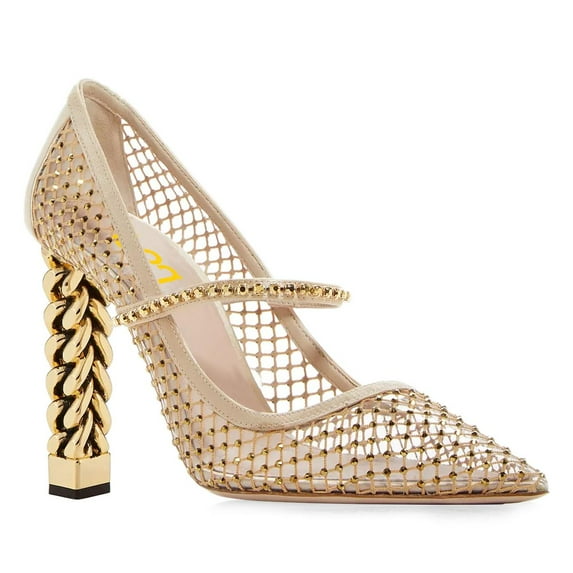 FSJ Women Pointed Toe Rhinestone Mesh Pumps Single Band Chain Chunky High Heels Elegant Prom Party Evening Shoes Size 15 Apricot