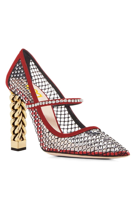 Women Pointed Toe Rhinestone Mesh Pumps Single Band Chain Chunky High Heels Elegant Prom Party Evening Shoes Size 4 Red