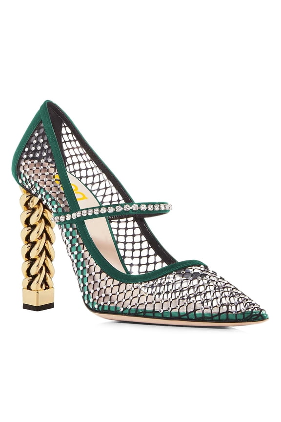 Women Pointed Toe Rhinestone Mesh Pumps Single Band Chain Chunky High Heels Elegant Prom Party Evening Shoes Size 9 Green