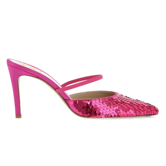 FSJ Women Pointed Toe Single Strap Mules with Sequins Slip on Mid Thin Heels Casual Dressy Party Backless Pumps Size 8 Fuchsia