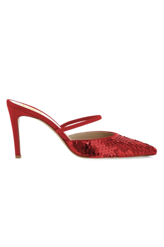 Women Pointed Toe Single Strap Mules with Sequins Slip on Mid Thin Heels Casual Dressy Party Backless Pumps Size 8 Red
