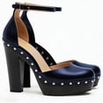 thumbnail image 1 of FSJ Women Retro Round Closed Toe Sandals Studded Rivet Platform Ankle Strap Chunky Block Heel Pumps Office Church Shoes Size 10 Blue, 1 of 5