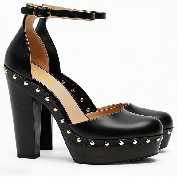 FSJ Women Retro Round Closed Toe Sandals Studded Rivet Platform Ankle Strap Chunky Block Heel Pumps Office Church Shoes Size 7.5 Black