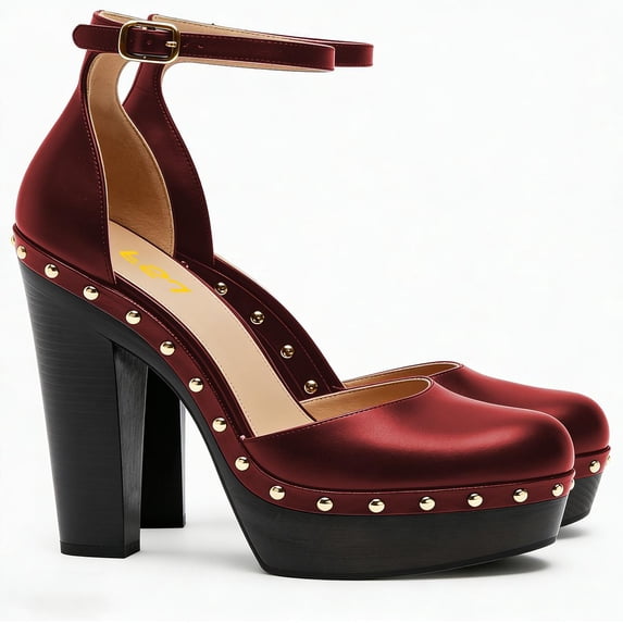 FSJ Women Retro Round Closed Toe Sandals Studded Rivet Platform Ankle Strap Chunky Block Heel Pumps Office Church Shoes Size 8 Red
