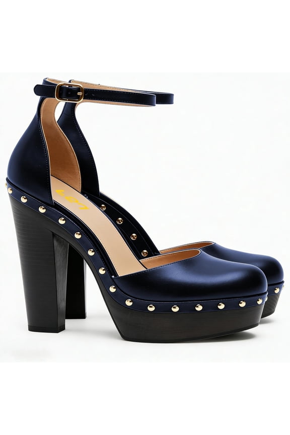 Women Retro Round Closed Toe Sandals Studded Rivet Platform Ankle Strap Chunky Block Heel Pumps Office Church Shoes Size 9.5 Blue