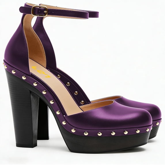 FSJ Women Retro Round Closed Toe Sandals Studded Rivet Platform Ankle Strap Chunky Block Heel Pumps Office Church Shoes Size 9.5 Purple