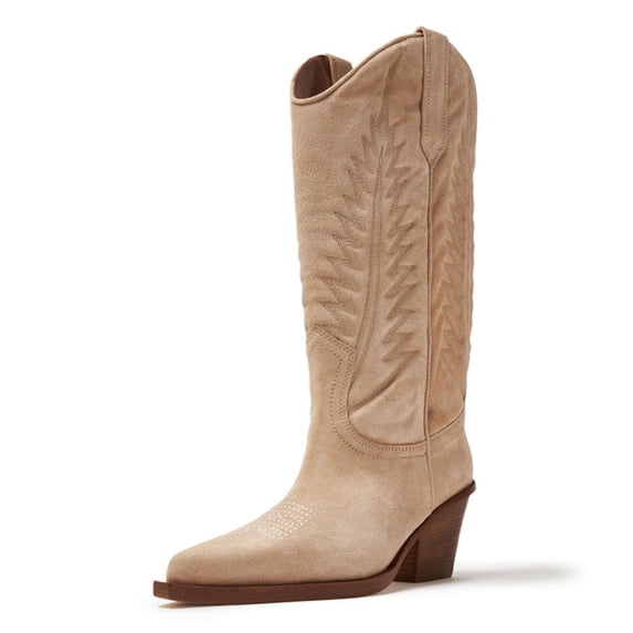 FSJ Women Retro Western Cowboy Knee High Boots Wide Calf Cowgirl Boots Pointed Toe Low Stacked Heel Pull On Tall Boot Shoes Size 13 Khaki