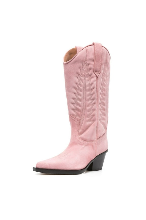 Women Retro Western Cowboy Knee High Boots Wide Calf Cowgirl Boots Pointed Toe Low Stacked Heel Pull On Tall Boot Shoes Size 8 Pink