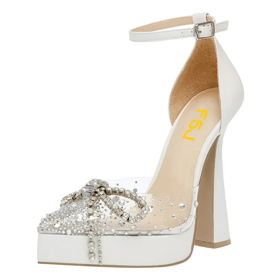 FSJ Women Rhinestone Bowknot Closed Toe Sandals Clear Upper Ankle Strap D'orsay Pumps Platform High Spool Chunky Heels Wedding Party Shoes Size 16 White
