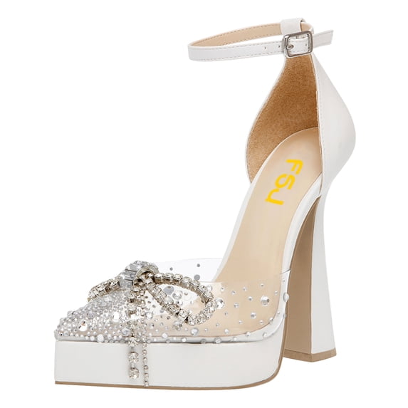 FSJ Women Rhinestone Bowknot Closed Toe Sandals Clear Upper Ankle Strap D'orsay Pumps Platform High Spool Chunky Heels Wedding Party Shoes Size 6 White