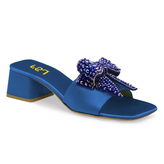FSJ Women Rhinestone Bowknot Wide Strap Mules Open Square Toe Low Chunky Heeled Slide Sandals Backless Daily Party Dress Shoes Size 16 Blue