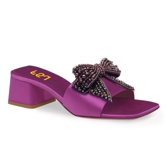 FSJ Women Rhinestone Bowknot Wide Strap Mules Open Square Toe Low Chunky Heeled Slide Sandals Backless Daily Party Dress Shoes Size 7 Purple