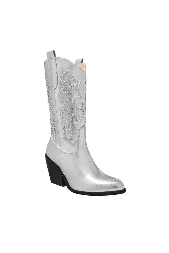 Women Rhinestone Studded Pull on Cowboy Boots Pointed Toe Chunky Heel Mid Calf Boots Fashion Fall Party Date Shoes Size 5 Silver