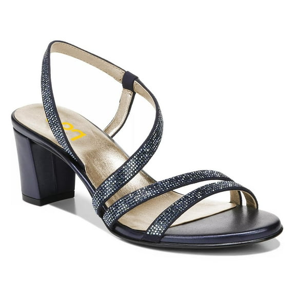 FSJ Women Rhinestone Studded Strappy Sandals Open Round Toe Low Chunky Block Heels Shiny Prom Date Work Shoes Size 7.5 Navy Blue