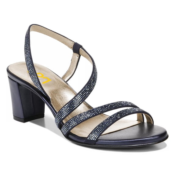 FSJ Women Rhinestone Studded Strappy Sandals Open Round Toe Low Chunky Block Heels Shiny Prom Date Work Shoes Size 8.5 Navy Blue
