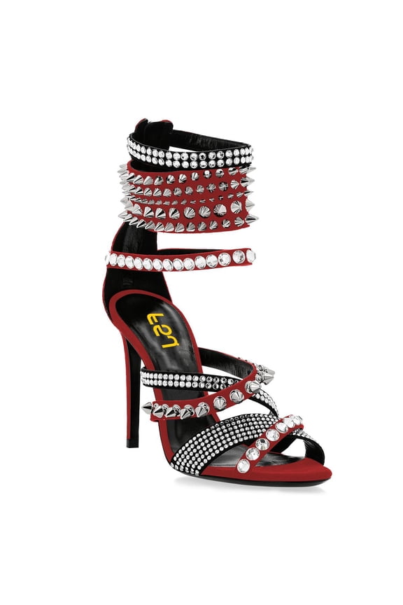 Women Rivets Studded Crisscross Straps Sandals with Rhinestones Open Toe Zipper Stiletto High Heels Sexy Cocktail Party Dressy Shoes Size 5 Red