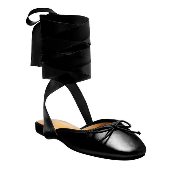 FSJ Women Round Toe Ankle Wrap Flats Cross Ribbon Slingback Bow Ballerinas Lace up Dance Prom Dressy Sandals Size 15 Black
