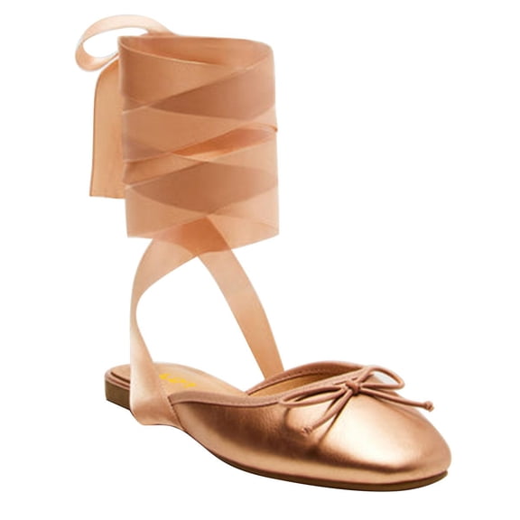 FSJ Women Round Toe Ankle Wrap Flats Cross Ribbon Slingback Bow Ballerinas Lace up Dance Prom Dressy Sandals Size 5 Bronze