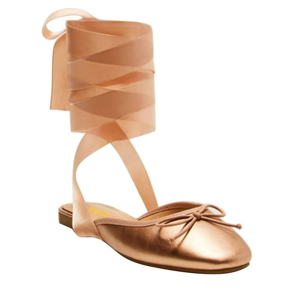 FSJ Women Round Toe Ankle Wrap Flats Cross Ribbon Slingback Bow Ballerinas Lace up Dance Prom Dressy Sandals Size 8.5 Bronze