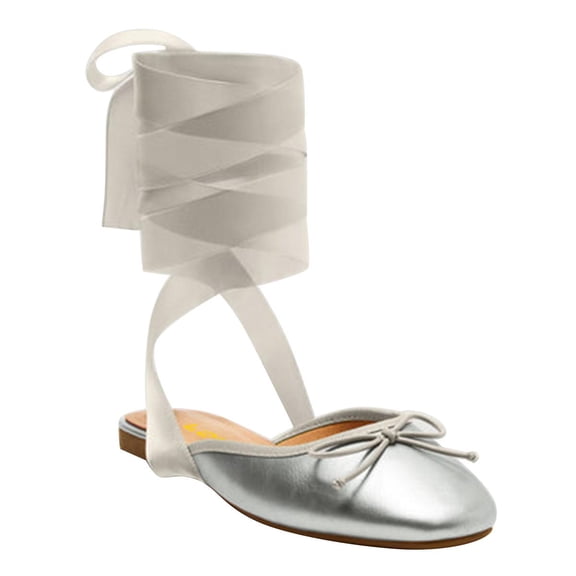FSJ Women Round Toe Ankle Wrap Flats Cross Ribbon Slingback Bow Ballerinas Lace up Dance Prom Dressy Sandals Size 8 Silver
