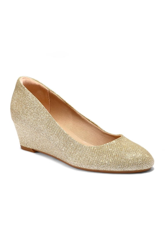 Women Round Toe Mid Wedge Heels Slip on Solid Color Pumps Comfortable Shopping Date Shoes Size 10 Gold