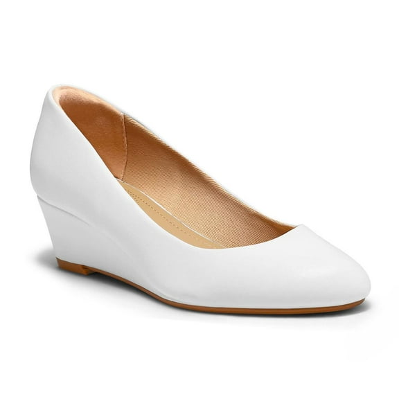 FSJ Women Round Toe Mid Wedge Heels Slip on Solid Color Pumps Comfortable Shopping Date Shoes Size 9 White