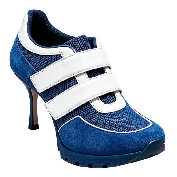 FSJ Women Round Toe Sneaker Stiletto High Heels Breathable Mesh Dual Hook&Loop Comfort Pumps Size 10 Blue