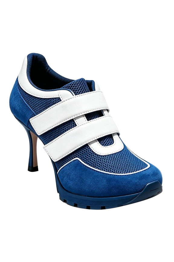 Women Round Toe Sneaker Stiletto High Heels Breathable Mesh Dual Hook&Loop Comfort Pumps Size 9 Blue