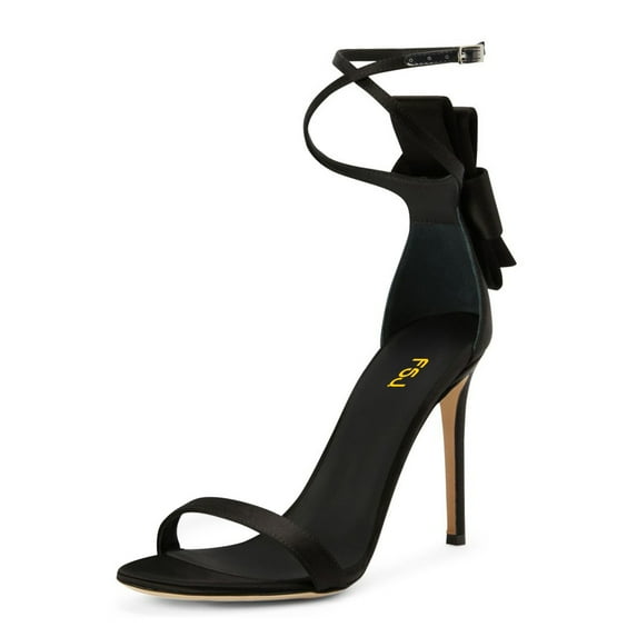 FSJ Women Sexy Back Bowknot Ankle Buckle Strap Sandals Open Toe One Strap Stiletto Heels Slide Pumps Wedding Summer Dress Shoes Size 14 Black