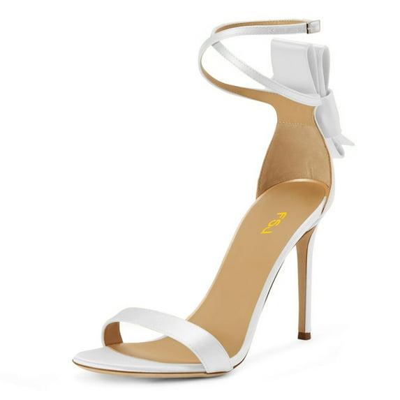 FSJ Women Sexy Back Bowknot Ankle Buckle Strap Sandals Open Toe One Strap Stiletto Heels Slide Pumps Wedding Summer Dress Shoes Size 8.5 White