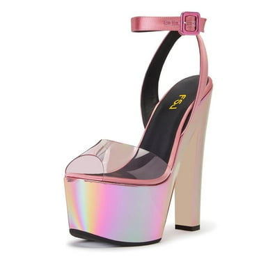 FSJ Women Sexy Block Chunky Platform High Heel Peep Open Toe Ankle Strap Sandals Slingback Pump Buckle Prom Party Dressy Shoes Size 11 Pink Clear Laser