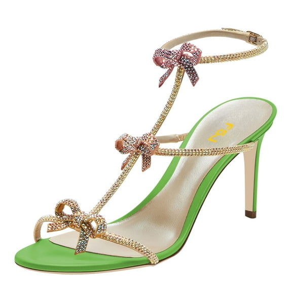FSJ Women Sexy Bows Rhinestone Open Toe Sandals Strappy Stiletto High Heels Ankle Buckle Backless Wedding Party Dress Shoes Size 14 Green