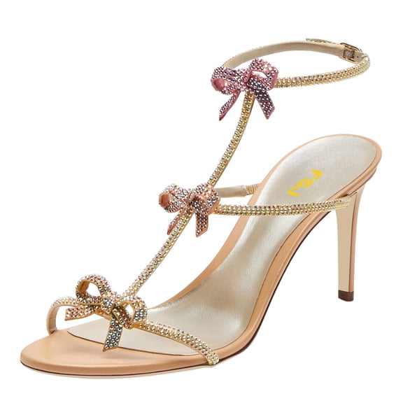 FSJ Women Sexy Bows Rhinestone Open Toe Sandals Strappy Stiletto High Heels Ankle Buckle Backless Wedding Party Dress Shoes Size 4 Peachpuff