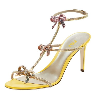 FSJ Women Sexy Bows Rhinestone Open Toe Sandals Strappy Stiletto High Heels Ankle Buckle Backless Wedding Party Dress Shoes Size 8 Yellow