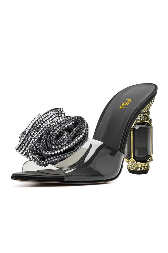 Women Sexy Charming Rose Floral Heel Sandals Clear PVC Band Crystal Chunky Heel Pointed Peep Toe Slip On Mules Party Prom Shoes Size 8 Black Rhinestones