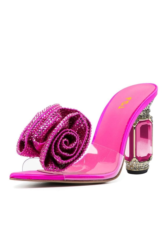 Women Sexy Charming Rose Floral Heel Sandals Clear PVC Band Crystal Chunky Heel Pointed Peep Toe Slip On Mules Party Prom Shoes Size 7 Fushcia