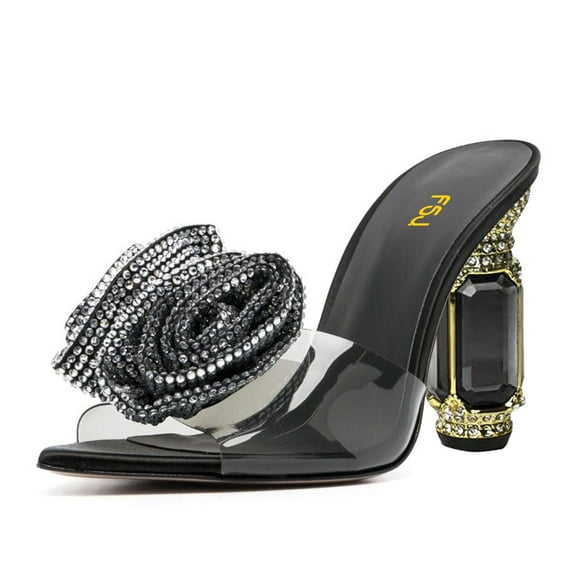 FSJ Women Sexy Charming Rose Floral Heel Sandals Clear PVC Band Crystal Chunky Heel Pointed Peep Toe Slip On Mules Party Prom Shoes Size 10 Black Rhinestones