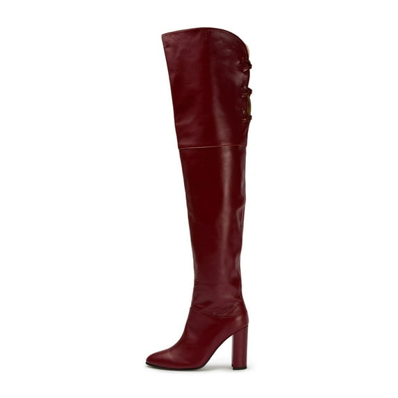 FSJ Women Sexy Chunky Thigh High Heel Back Lace Up Over The Knee Boots Almond Closed Toe Side Zipper Boots Wide Calf Dress Shoes Size 13 Red