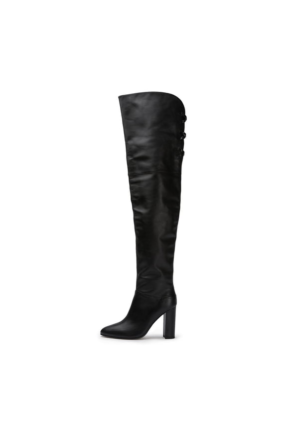 Women Sexy Chunky Thigh High Heel Back Lace Up Over The Knee Boots Almond Closed Toe Side Zipper Boots Wide Calf Dress Shoes Size 5 Black