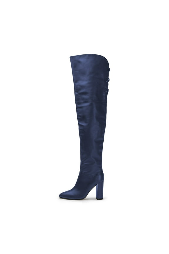 Women Sexy Chunky Thigh High Heel Back Lace Up Over The Knee Boots Almond Closed Toe Side Zipper Boots Wide Calf Dress Shoes Size 6 Blue